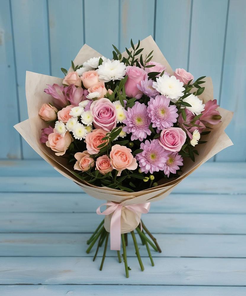 Букет цветов из: Хризантемы, Розы и Альстромерии в Гусеве