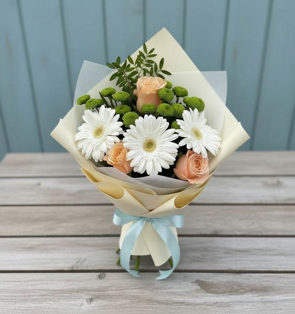 Букет цветов из: Герберы, Розы и Хризантемы в Гусеве